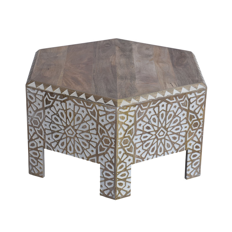 Kingstowne Reclaimed Solid Mango Wood Hexagon Coffee Table – Hand Carved Distressed White