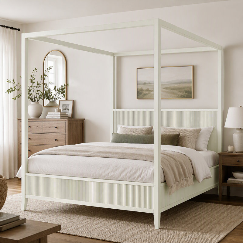 Lit à baldaquin en bois massif cannelé avec cadre à quatre colonnes pour chambre à coucher, Beige