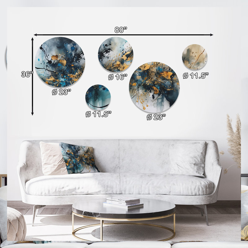 Ensemble de 5 décorations murales encre liquide bleu doré captivant
