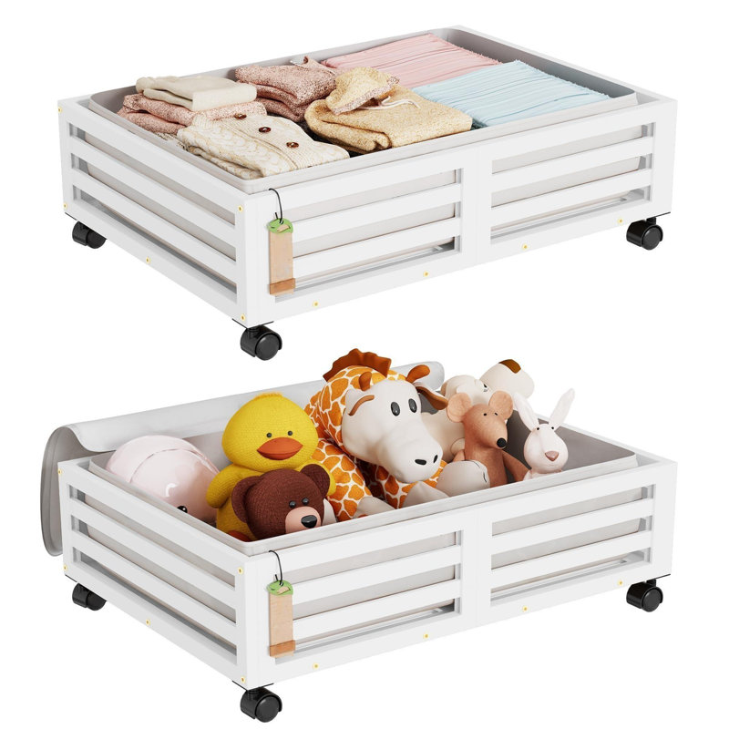 Bamboo Under Bed Storage Containers- Underbed Organizer With Wheels With Dust Bag,Sturdy Wood Rolling Under The Bed Shoe Storage Organizer Drawers (White, 2 Pack (23.62"×16.54"))