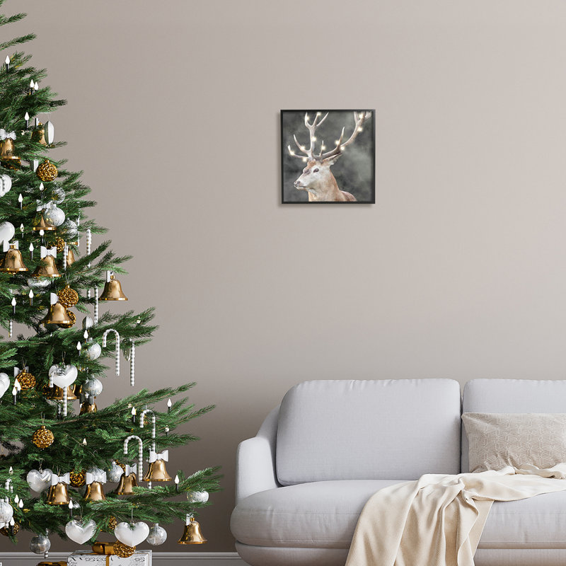 Holiday Lights on Antlers Black Framed Canvas Print