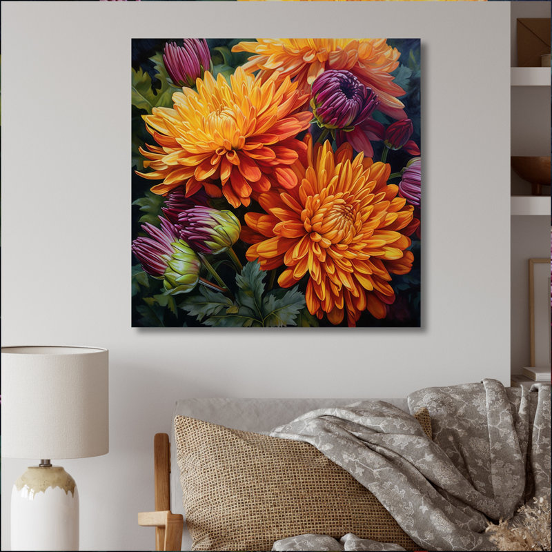 Orange mamans mauves en fleurs sur toile, H 16 po x l 16 po x P 1 po, Toile tendue