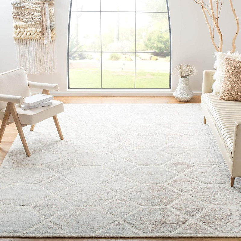 Restoration Vintage Hand Tufted Viscose/Wool Geometric Rug in Ivory, Rectangle 8' x 10'