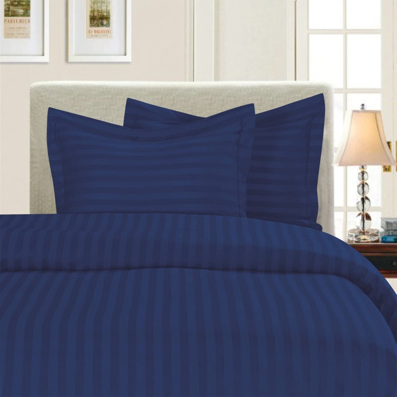 Elegant Navy Blue Cotton Damask Stripe King Duvet Cover Set