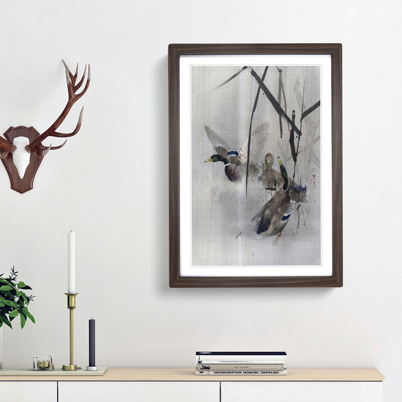 Ducks in the Rushes by Watanabe Seitei - Picture Frame Painting Print, Walnut Framed, 87cm H x 62cm W x 2cm D