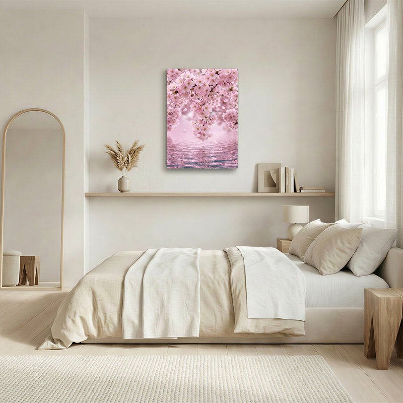 Art sur toile, branches de fleurs de cerisier roses sur l'eau ondulée, H 36 po x l 24 po