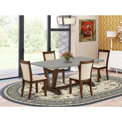 5-piece set contains a cement mid-century table and 4 light beige linen fabric modern chairs with high back - distressed Jacobean finish