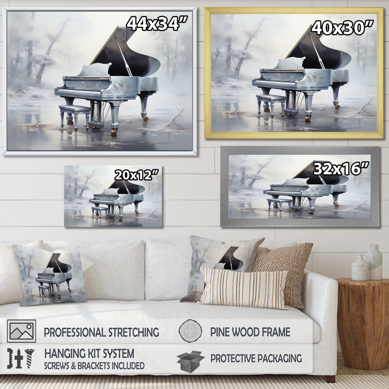 «Gray Piano Winter Echoes», reproduction sur toile, Cadre simple noir, H 24 po x l 32 po x P 1 po