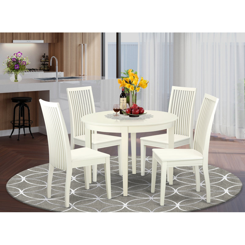 Ensemble de table de cuisine 5 pièces pour 4 personnes comprenant une table ronde et 4 chaises de salle à manger, lin blanc