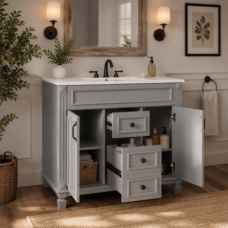 Meuble-lavabo moderne de 91 cm (36 po) avec lavabo et 2 portes à fermeture en douceur, solution de rangement élégante pour toute salle de bain