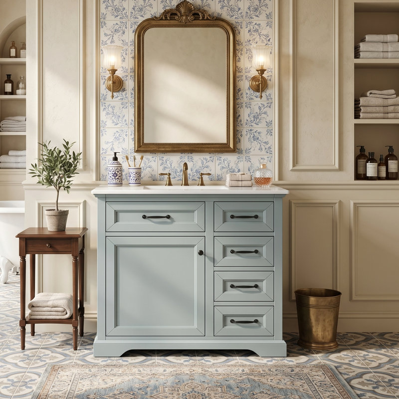 36" Freestanding Bathroom Vanity With Ceramic Sink, 2 Tip-Out Trays & Soft-Close Door Organizer & 2 Drawers, Green