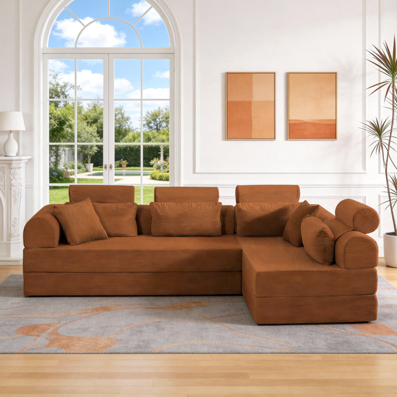 Canapé modulaire en forme de L, canapé modulaire en velours côtelé de style minimaliste moderne, Orange