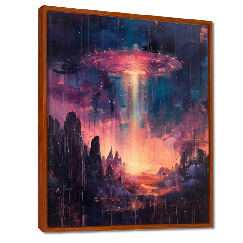 Rose et bleu interstellaire Ufos I - Art mural Ufos, H 24 po x l 32 po, Cadre flottant brun, bois massif