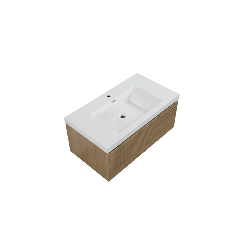 Meuble-lavabo mural avec lavabo à surface solide, Blanc, Bois de chêne naturel, 35"