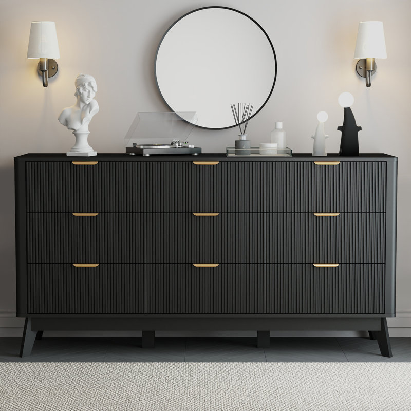 Fluted 9-Drawer Dresser 59'' Wide Wood Chest With Metal Handle, Black, Black