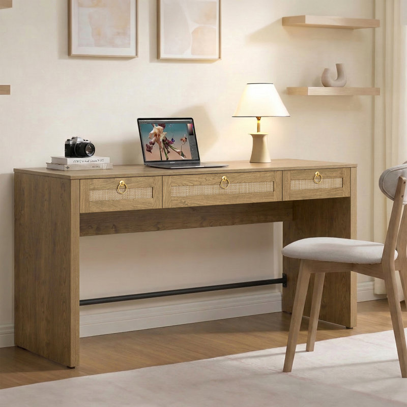 Pomodoro Boho Rattan 3-Drawer Storage Desk, Carbon Cherry, 1 Piece
