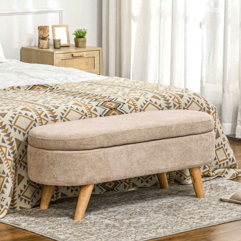43.3" Ottoman Bench - Teddy Fleece Upholstered Padded Seat, Wood Legs, Oval Modern Design, With Storage Function, End Of Bed Use