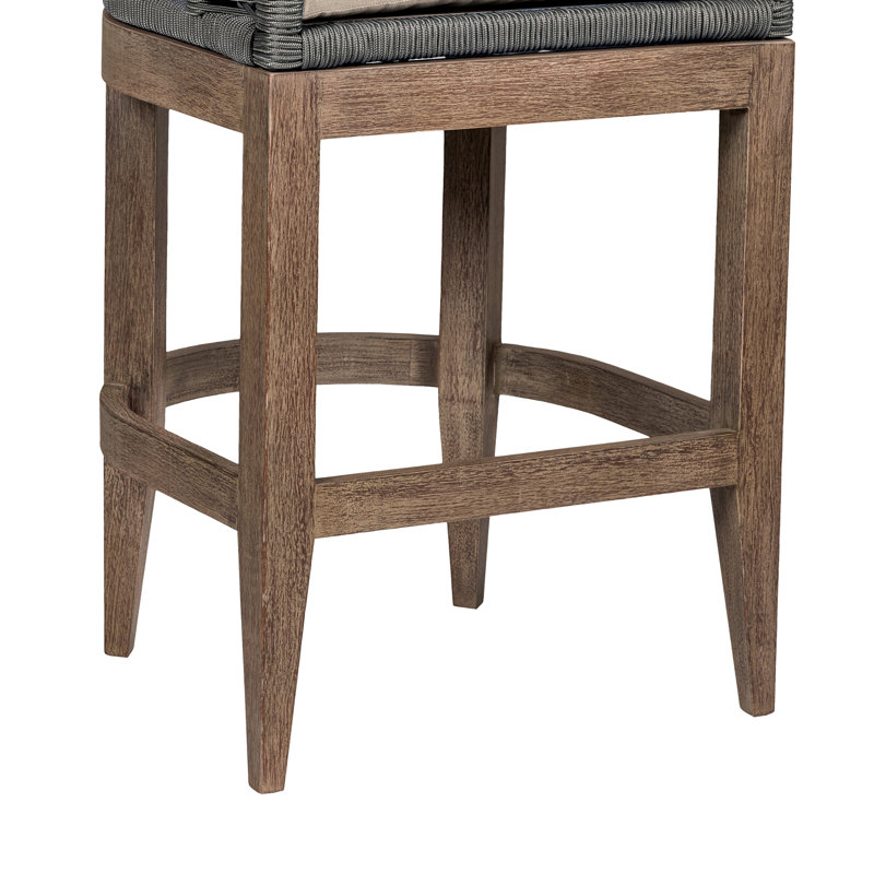 Orbit 30" Eucalyptus Wood Bar Stool with Taupe Cushions and Gray Rope