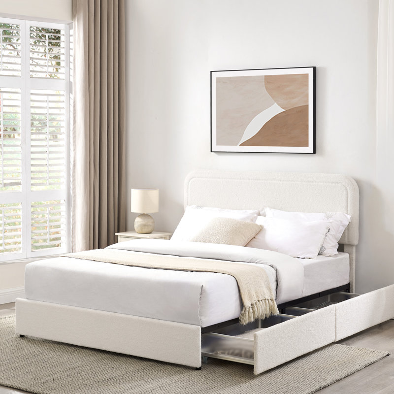 Grand lit de style classique avec rangement et tête de lit réglable en tissu contemporain à 2 tiroirs par côté