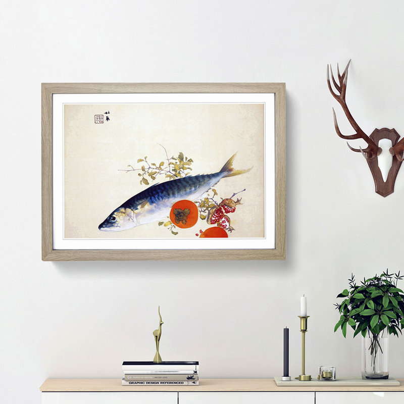 Fish & Fruit by Takeuchi Seiho - Picture Frame Art Print, Oak Framed, 27cm H x 36cm W x 2cm D