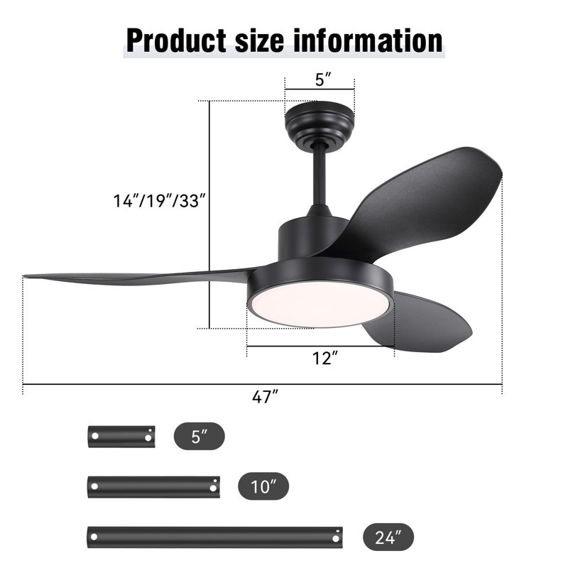 Ventilateur de plafond 47 "avec lumière DEL 22W et télécommande, Noir, noir, noir, noir, Noir, noir, noir, noir