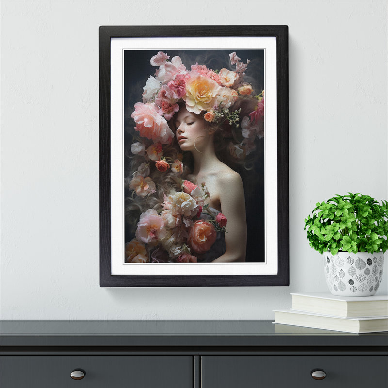 Floral Art Romanticism Art - Framed Print, 64cm H x 46cm W, Black Framed