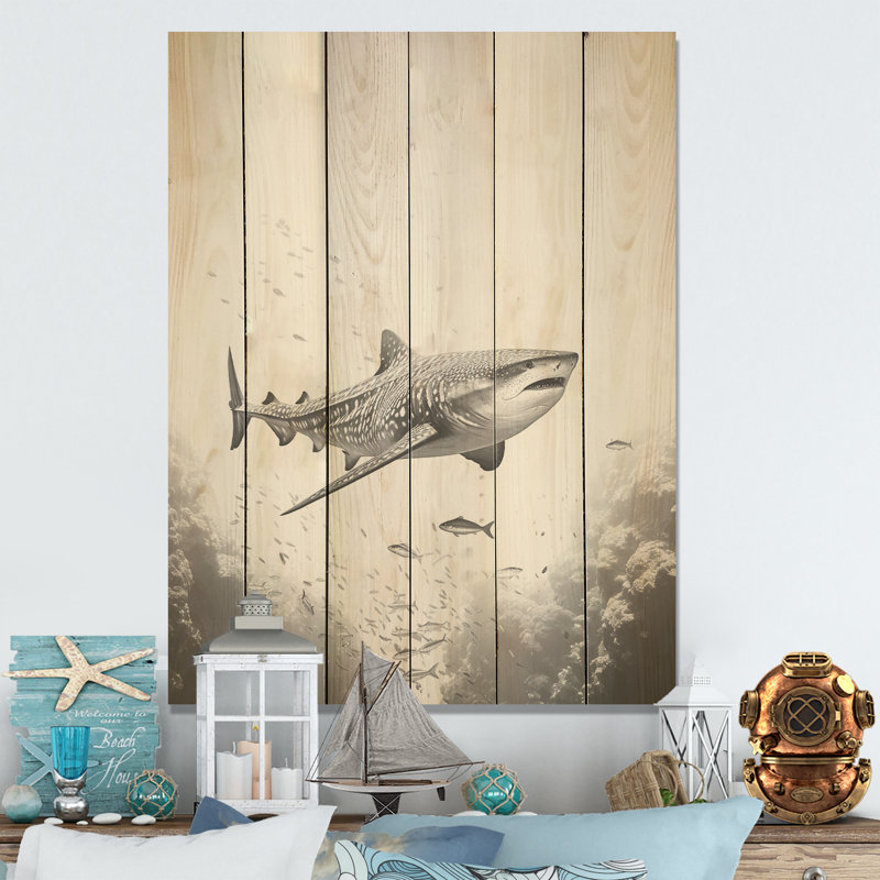 Monochrome Grey Shark Dance I - Shark Wood Wall Art On Natural Pine Wood, 40" H x 30" W