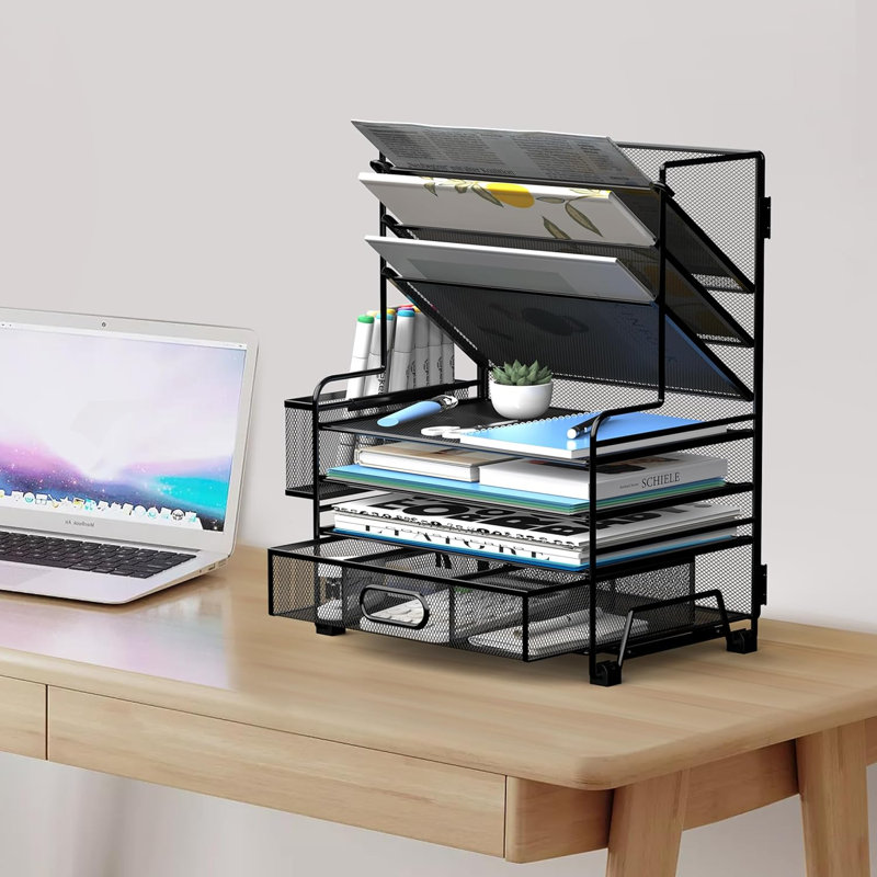 Support de rangement pour classeur à quatre couches + classeur à trois pochettes + tiroir + porte-stylo, support de rangement pour dossiers de bureau, fournitures de bureau, plateau de rangement scolaire en classe (noir)