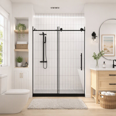 Porte de douche sans cadre (6 mm), verre trempé transparent, pellicule anti-explosion, poignée en acier inoxydable
