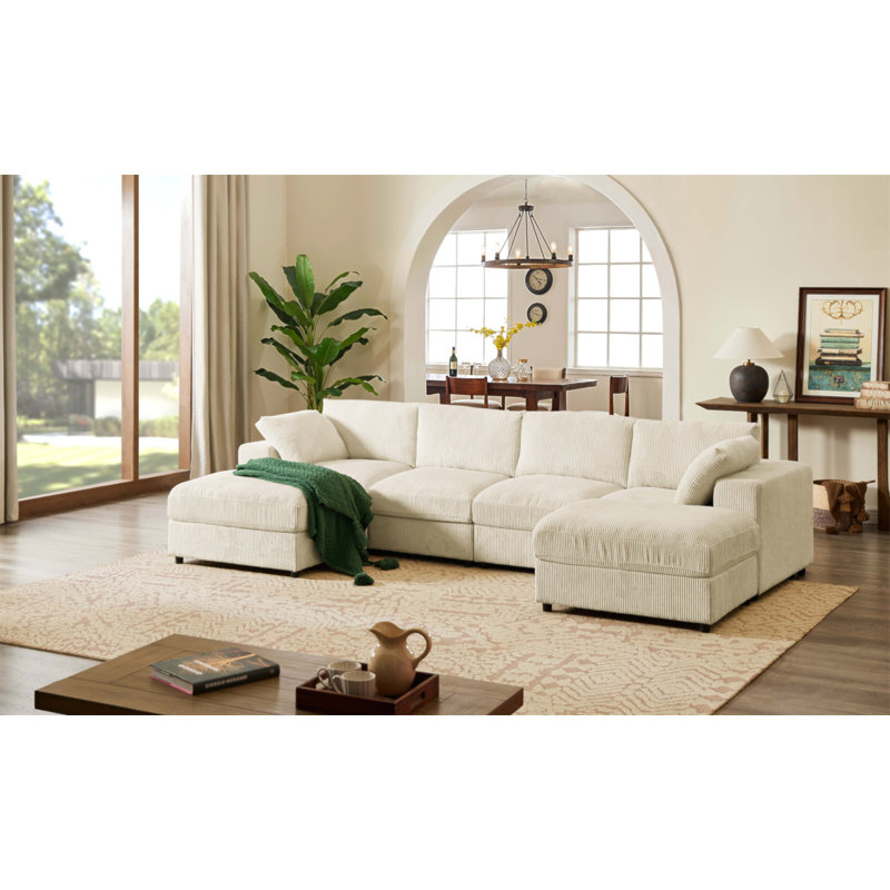 Canapé modulaire réversible en velours côtelé, Beige Corduroy, 33" H x 132" W x 94" D, Beige