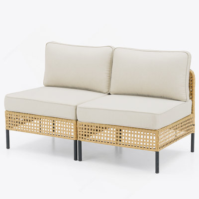 Outdoor Natural Wicker Sofa Boho Patio Sectional Loveseat Furniture Set With Beige Cushions For Durable And Stylish Seating