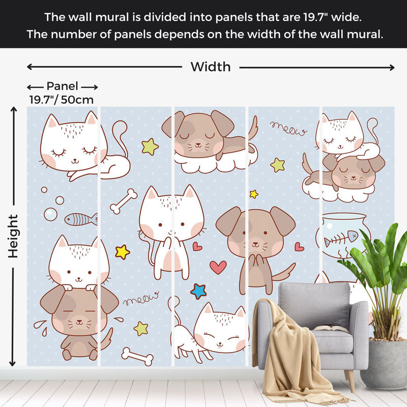 Papier peint pour enfants - Dessin de chats et de chiens, L 82 po x l 118 po