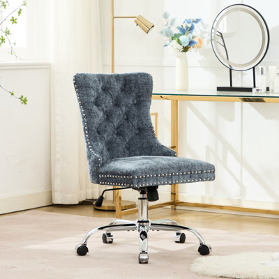 Chaise de bureau américaine classique bleue, revêtement en chenille, base en métal, bouton, coussin en mousse à haute résilience, pour le bureau, chaise moderne avec revêtement, soulage les hanches.