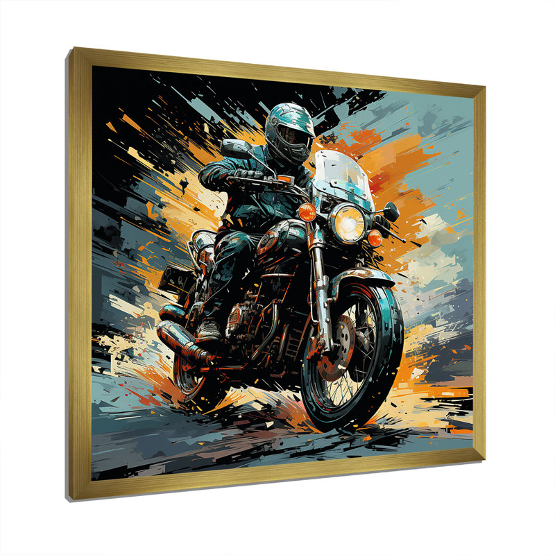 Motocyclette sur toile, H 16 po x l 16 po x P 1 po, Cadre doré simple
