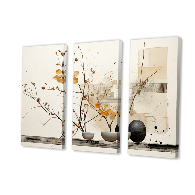 «Asian Art Sumi Bird Serenity XXI» sur toile, reproduction de 3 pièces, H 40 po x l 60 po x P 1 po