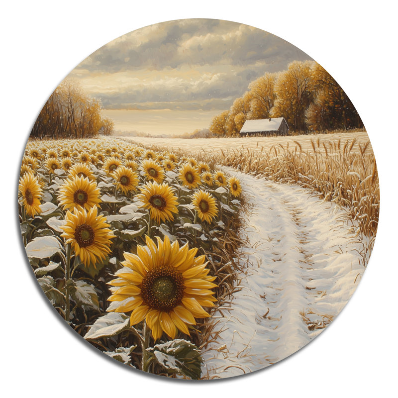 Tournesols le long du chemin enneigé I - Art mural traditionnel en métal jaune, H 29 po x l 29 po