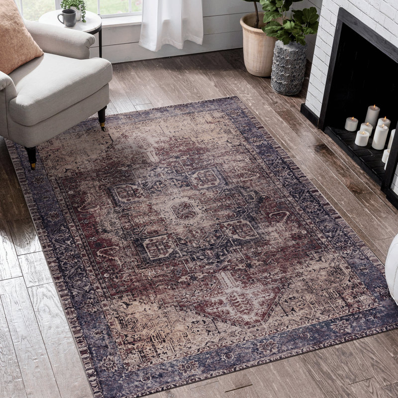5X8 Area Rug For Home Decor - Washable, Low-Pile, Non-Slip, Non-Shedding, Foldable, & Pet Safe, , Soft, Stain Floor  Burgundy Washable Foldable Dining Room, Bedroom, Living , Soft