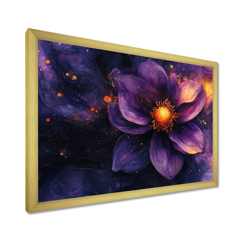 Dahlia vif lavande Dreamscape II - art mural Dahlia, H 16 po x l 32 po, Cadre flottant, Doré