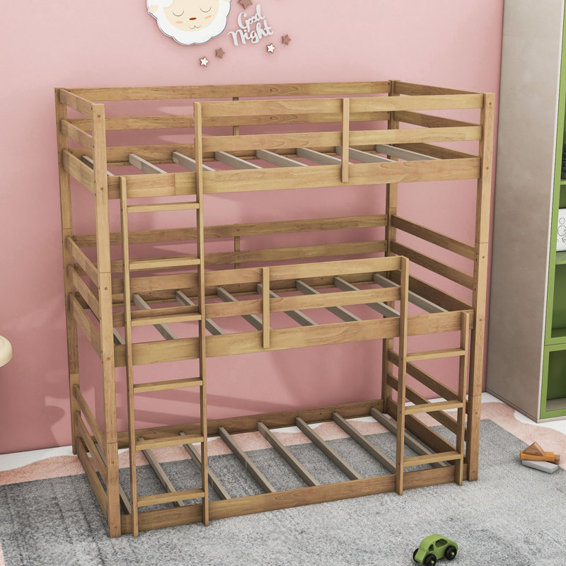 Triple Twin Over Twin Over Twin Bunk Bed With Detachable Design And Built-In Safety Features, Natural