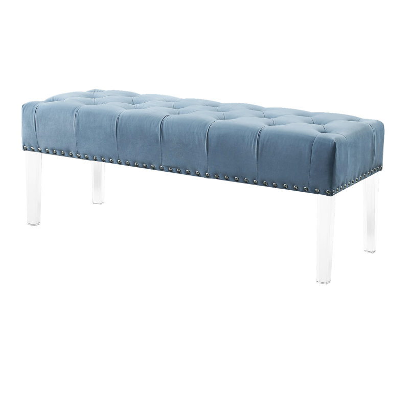 Blue Velvet Upholstered Living Room Footrest With Acrylic Legs And Button Tuft Chic Bench Style, Blue
