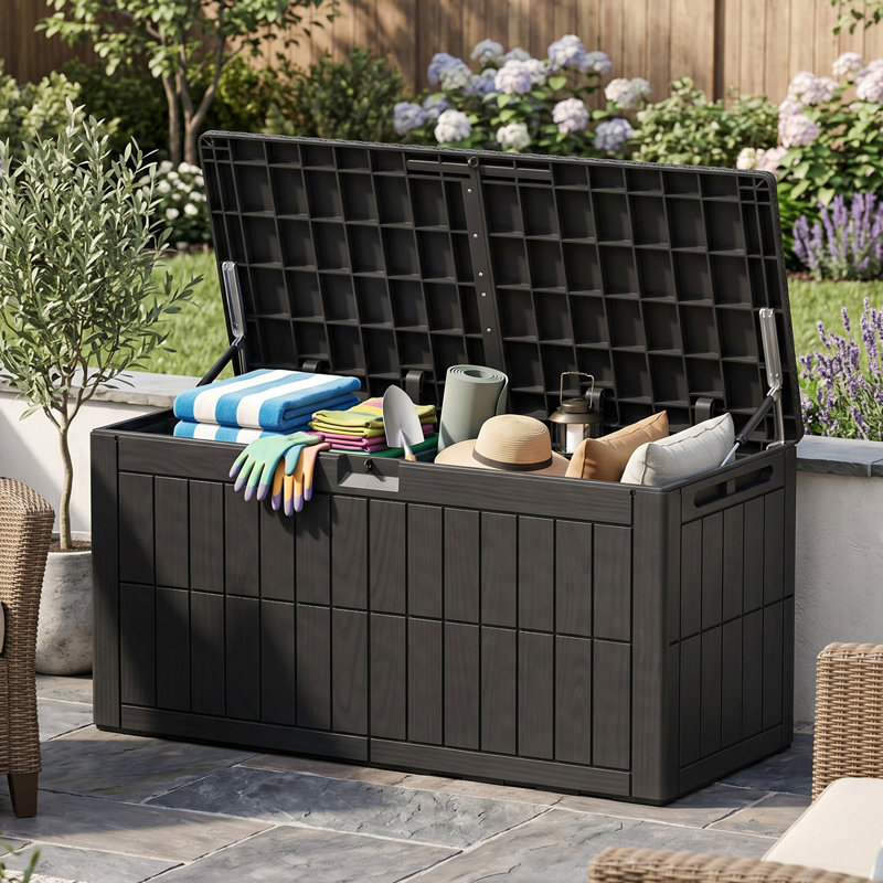 100 Gallon Resin Deck Box, Waterproof Lockable Outdoor Storage Bin for Patio Cushions, Pool Accessories, Black