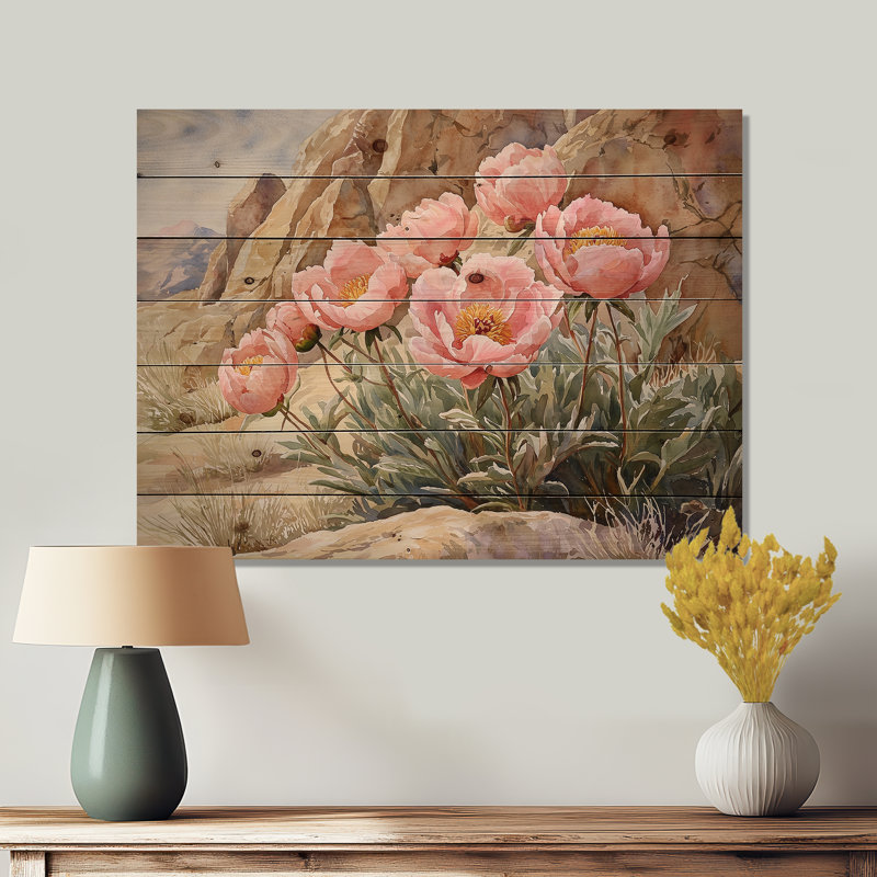 Peonies In The Rocky Foothills I - Peonies Wood Wall Art - On Natural Pine Wood, 24" H x 32" W x 0.78" D