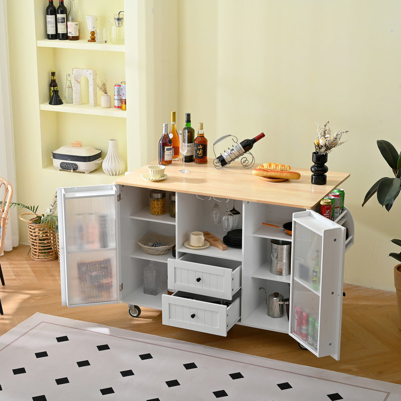 Mobile Kitchen Island Storage Trolley Cart On Wheels With Dropleaf Top, Towel/Spice Rack,2 Drawers, 2-Door Cabinet