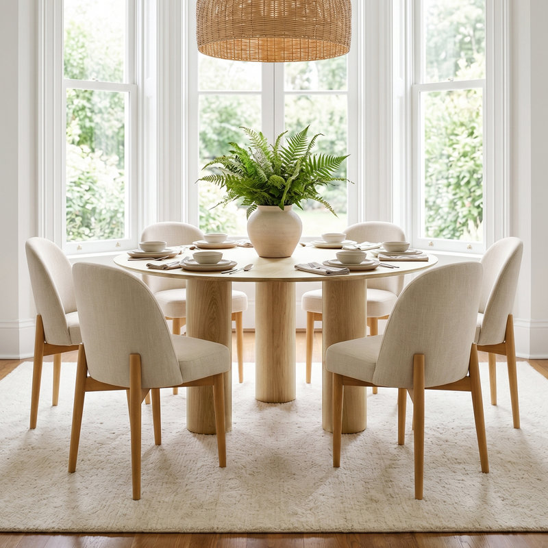 Modern 7-Piece Round Dining Set With Multi-Pedestal Base Table And Upholstered Wood-Leg Chairs, Beige