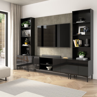 Meuble audio-vidéo modulaire de 118 W avec meuble télé, armoires de rangement avec bahuts et petit panneau mural