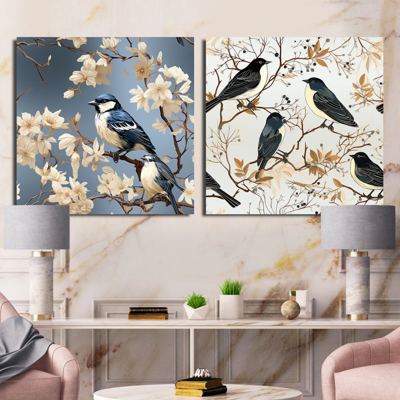 Symphonie d'oiseaux, ensemble de 2 collages carrés d'oiseaux, H 30 po x l 61 po, Toile tendue