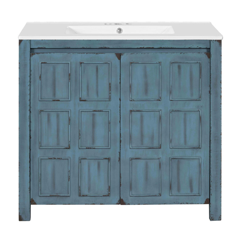 Organisateur de meuble-lavabo avec lavabo en céramique, Bleu rétro, 36"
