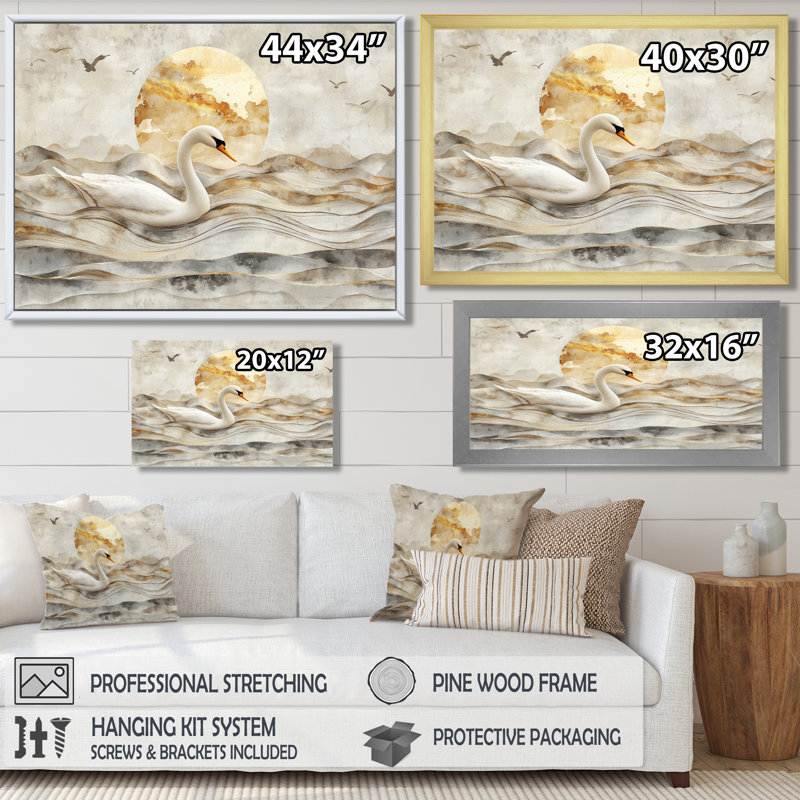 Dortly Sunset Swan Reflections of Elegance I - cygnes, art mural, H 28 po x l 60 po, Impression encadrée flottante
