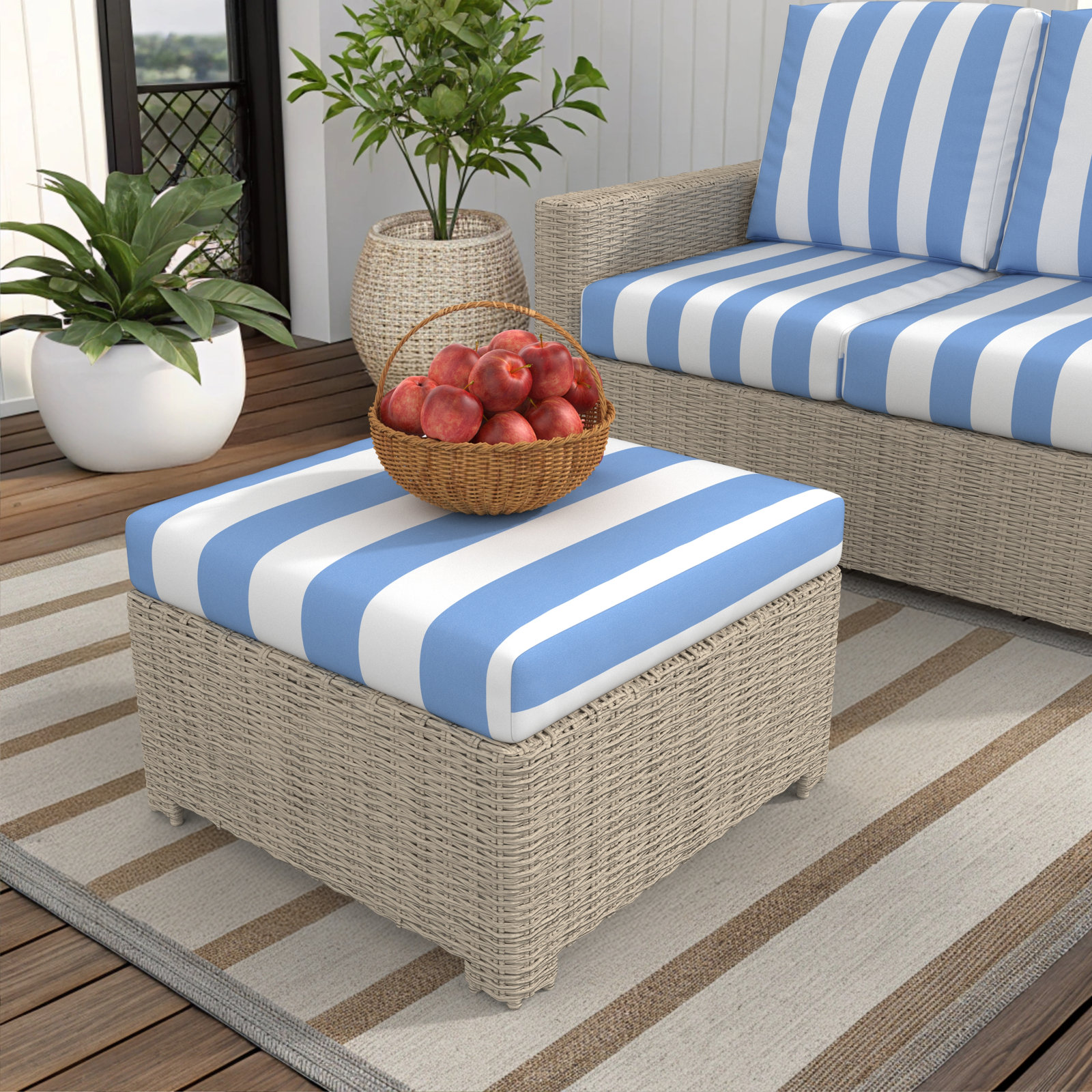 Outdoor Ottoman With Sunbrella Cushions, Refuge Ocean