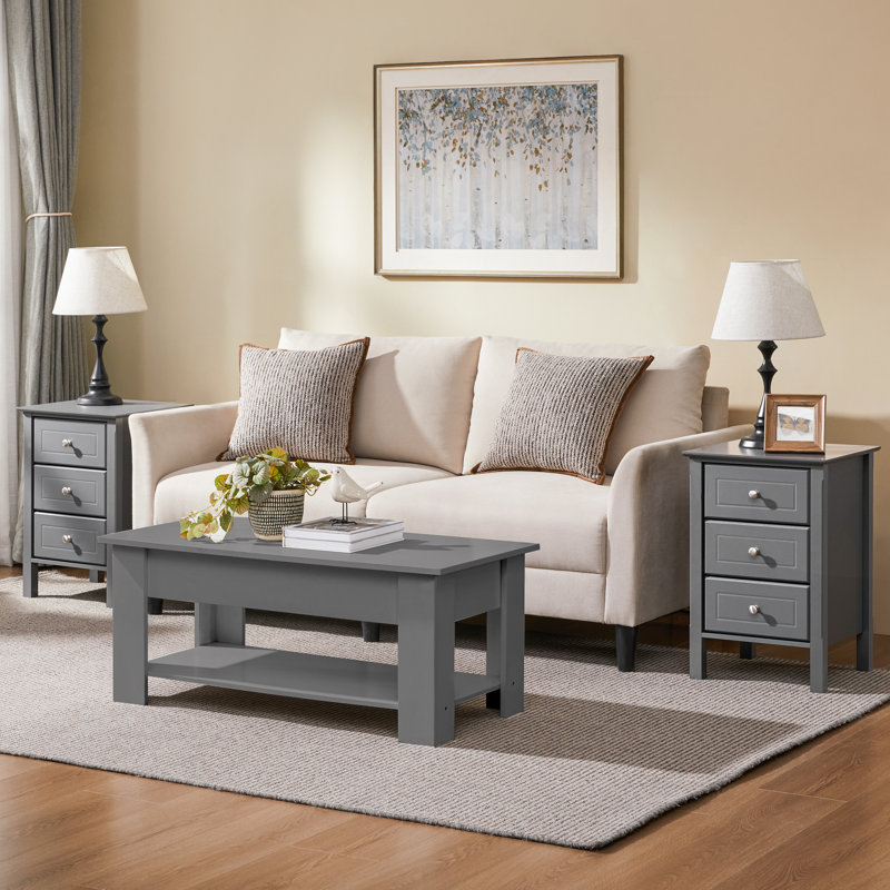 Modern 3 Drawer Bedside Table Nightstand, Dark Grey, 1pcs